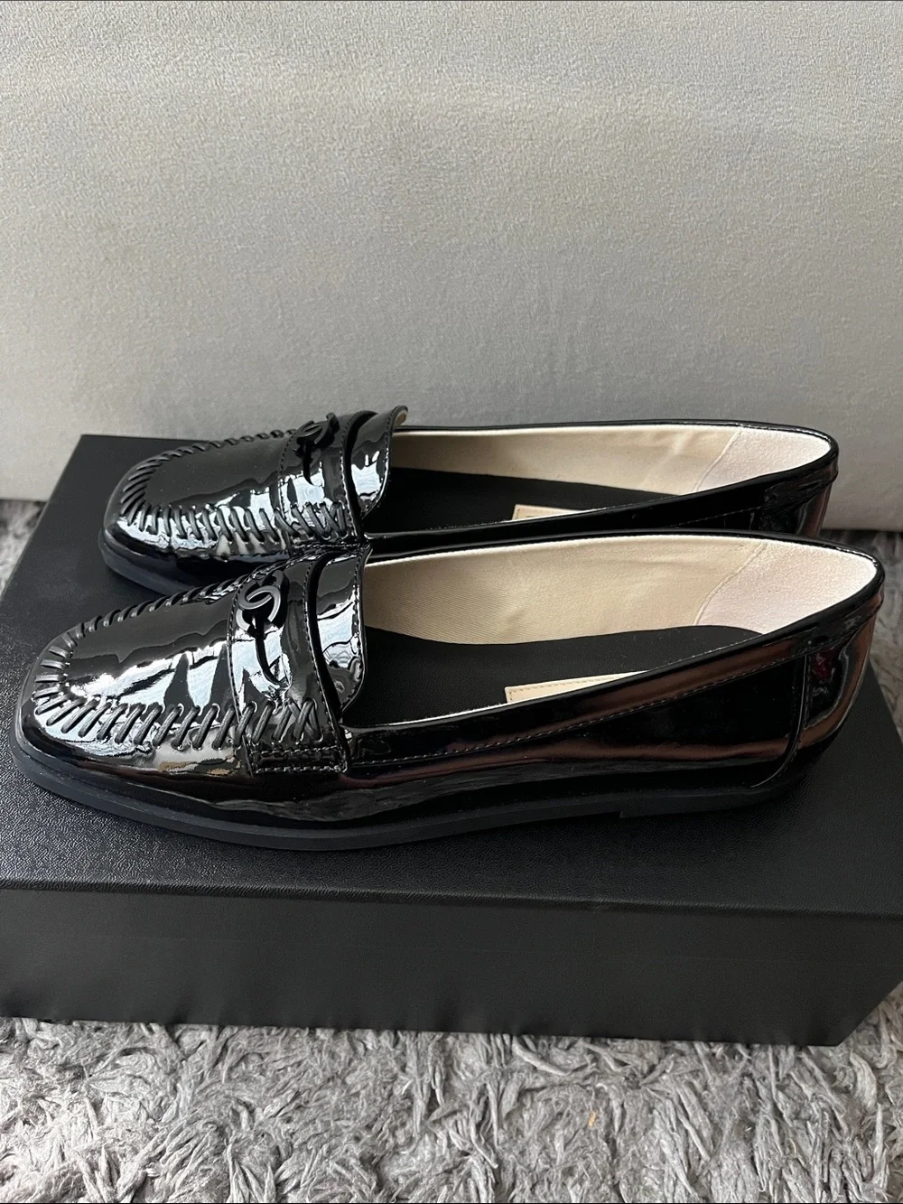 Chanel black loafers. Patent calfskin. Size 36.5. New in box. Season 24C.